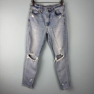 American Eagle Mom Jean Straight Stretch‎ Light Blue Distressed Womens 2 Short